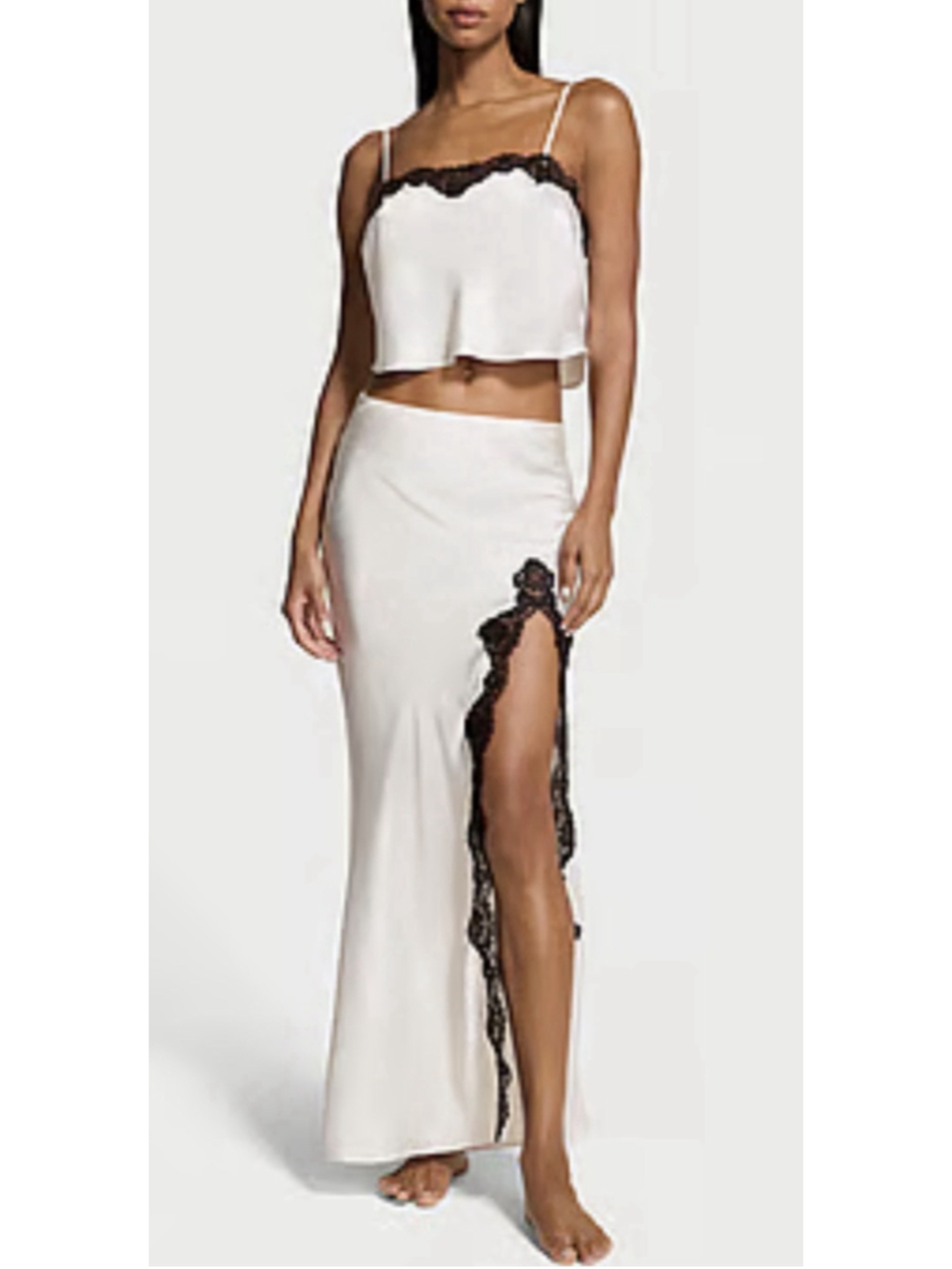 Victoria’s Secret Satin Ivory Black Lace-Trim Cami & Midi Skirt Set XXL NEW NWT - Picture 6 of 15